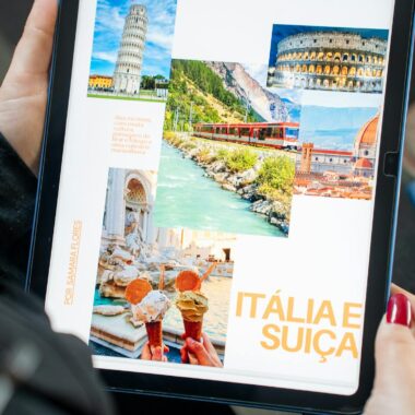 Digital itinerary with landmarks from Italy and Switzerland displayed on a tablet.